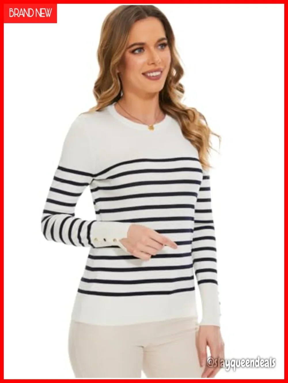Lightweight Long Sleeve Crew Neck Striped Knit Pullover Sweater